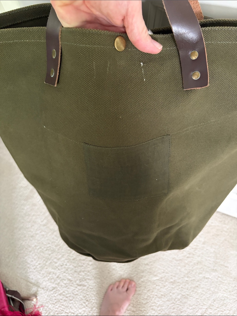 Carly Jean Los Angeles Olive Canvas Tote with Brown Leather Handles - Picture 3 of 7